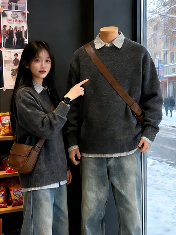 

Мужской утепленный вязаный свитер с воротником-стойкой, имитация двухслойности, повседневная базовая одежда для зимы