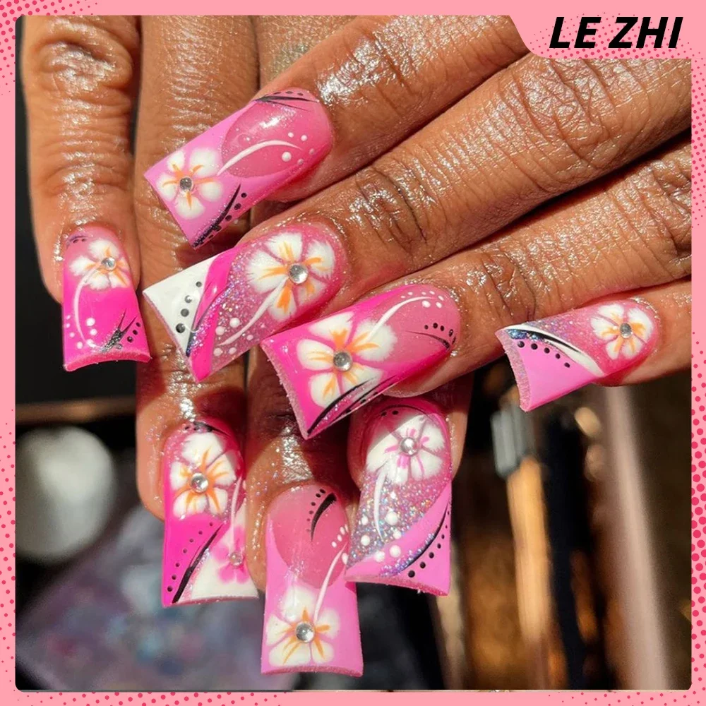 

Handmade French Style Duckbill Full Cover False Nails Y2K 3D Glitter Diamond Bow Leopard Print False Nails Tips