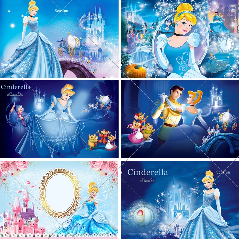 Blue Dress Blonde Princess Cinderella Backdrop Girls Birthday Party Decor Banner Clock Background Baby Shower Photocall