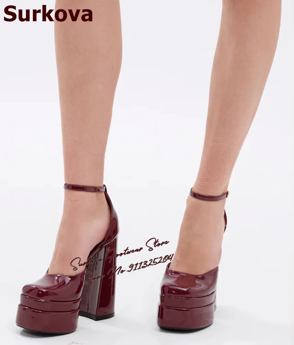 

Surkova Burgundy Patent Leather Chunky Heel Dress Pumps High Platform Block Heels Evening Party Shoes Buckle Elegant Footwear