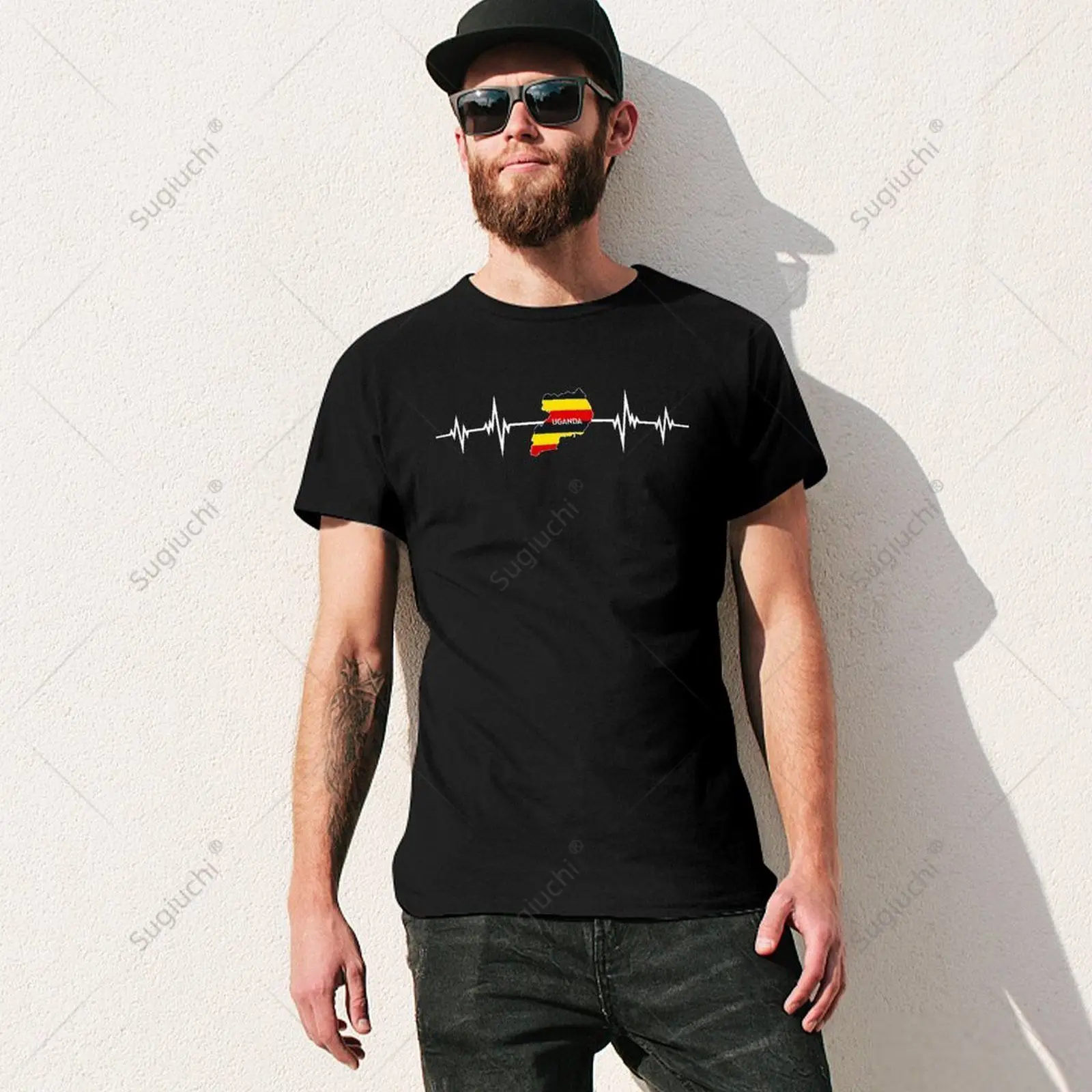 Unisex Men Heartbeat Design Ugandan Flag Uganda Tshirt Tees T Shirts Women Boys 100% Cotton T-Shirt