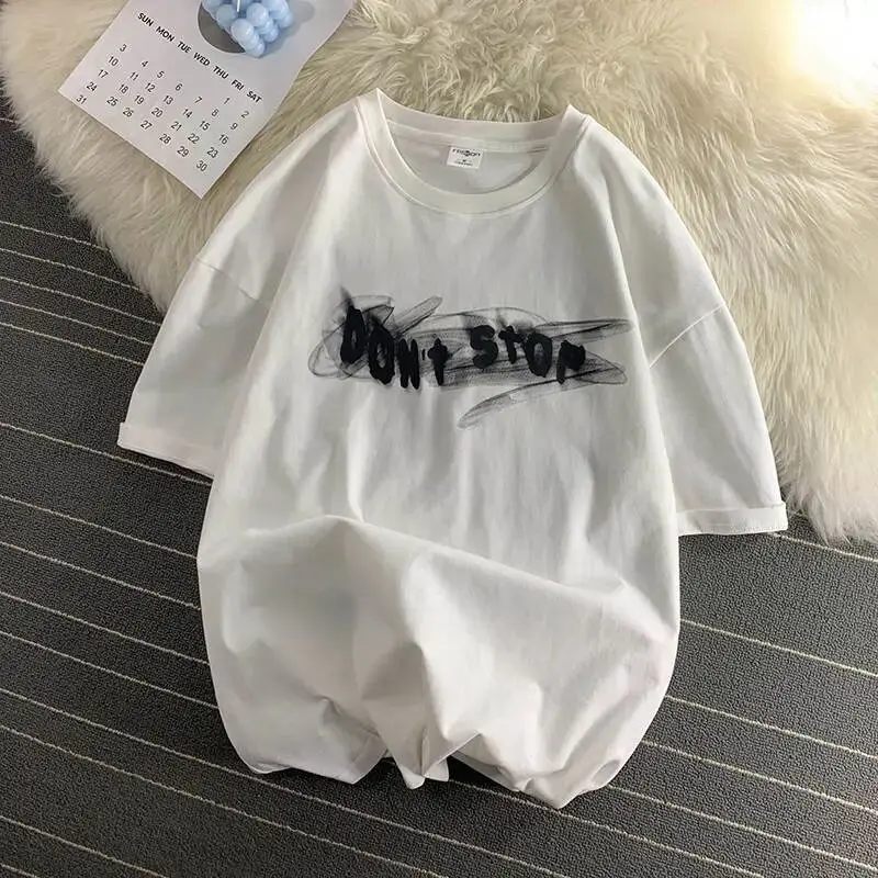 하라주쿠 빈티지 크리에이티브 레터 프린팅 여성 티셔츠, 유니섹스 루즈 반팔 상의, 캐주얼 스트리트웨어 패션