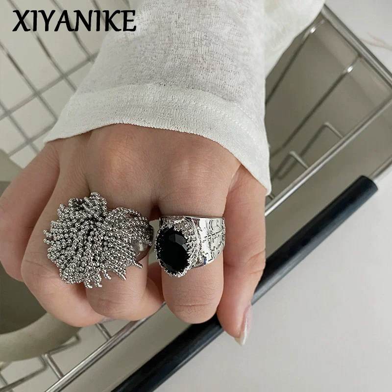 

XIYANIKE Exaggerated Black Zircon Tassel Cuff Finger Rings For Women Punk Fashion New Jewelry Gift Party Music Festival