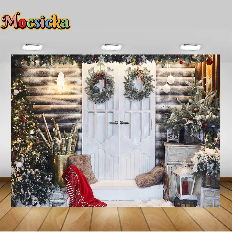 Christmas Photography Backdrops White Wooden Doors Xmas Trees Garlands Decorate Your Garden Children Portrait Photo Backgrounds