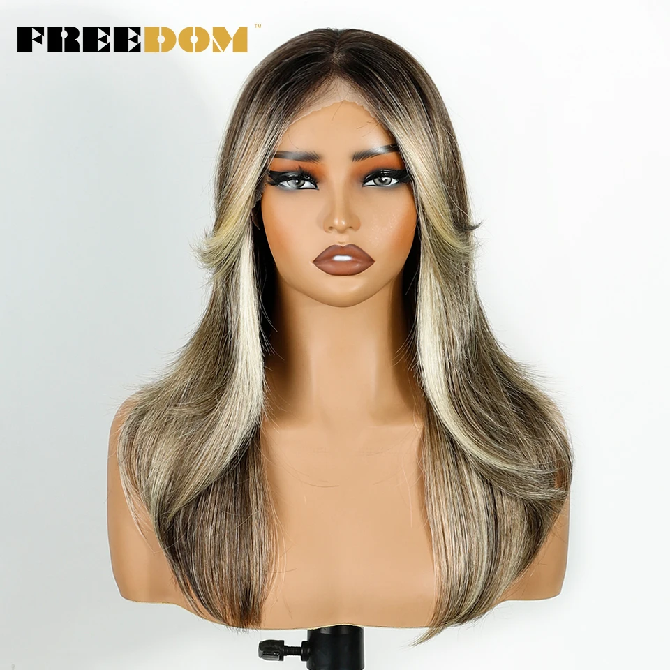 الاصطناعية الدانتيل شعر مستعار أمامي 20 بوصة الطبقات شعر مستعار مستقيم مع الانفجارات أومبير شقراء براون الباروكات للنساء شعر مستعار تأثيري الاصطناعية #6