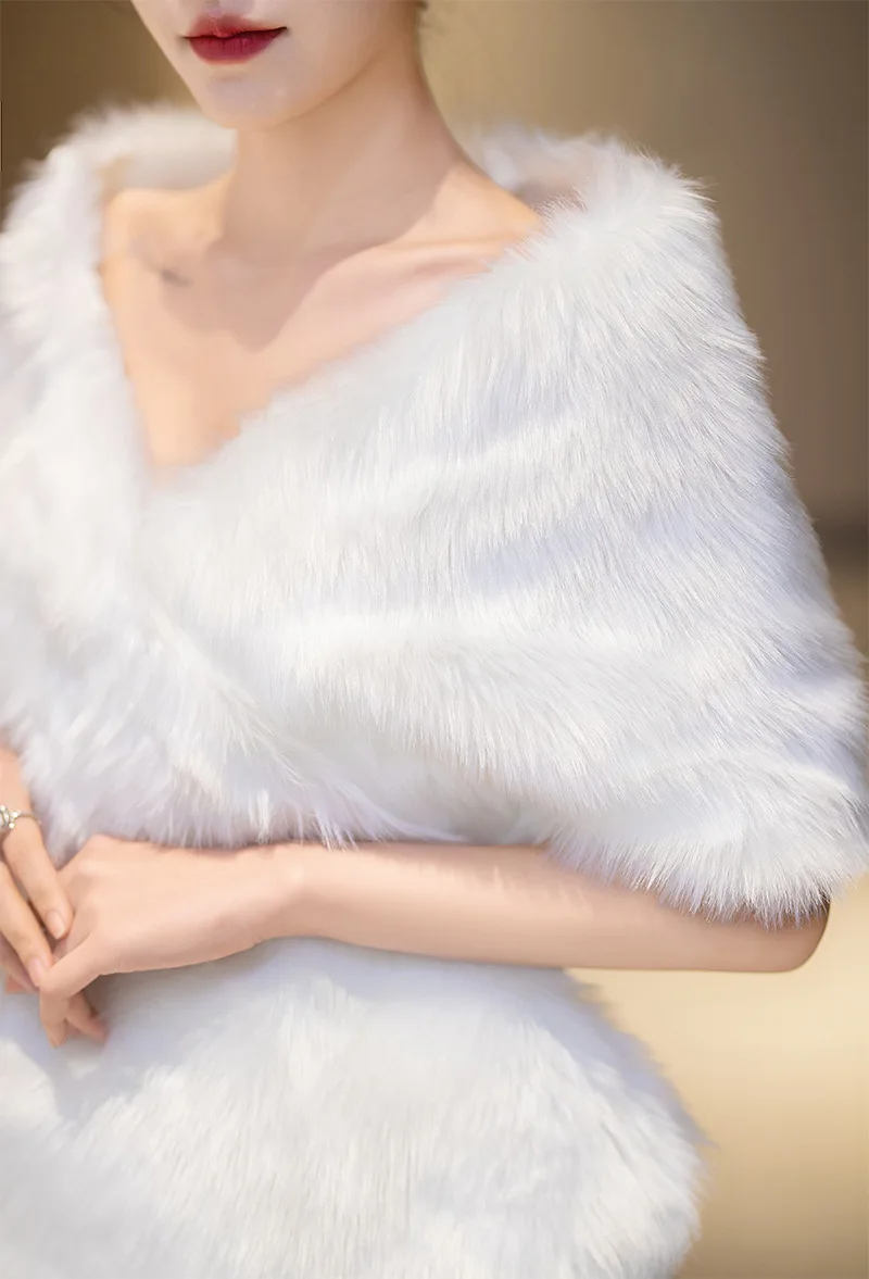Biały czarny ślub zimowy szal ze sztucznego futra top dla nowożeńców Bolero Cheongsam kurtka sukienka dla druhny szal ciepłe wzrusza ramionami dla kobiet — zdjęcie 6