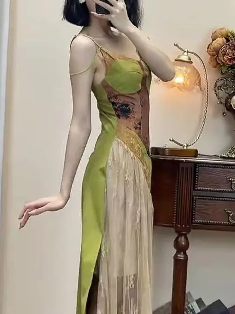 กระโปรงยาวทรงวินเทจผ้าชีฟองลายดอกไม้ย้อนยุคแต่งผ้าลูกไม้ช่วงเอวทรงเข้ารูป กระโปรงผ้าฝ้ายเอวสูงสำหรับฤดูร้อน