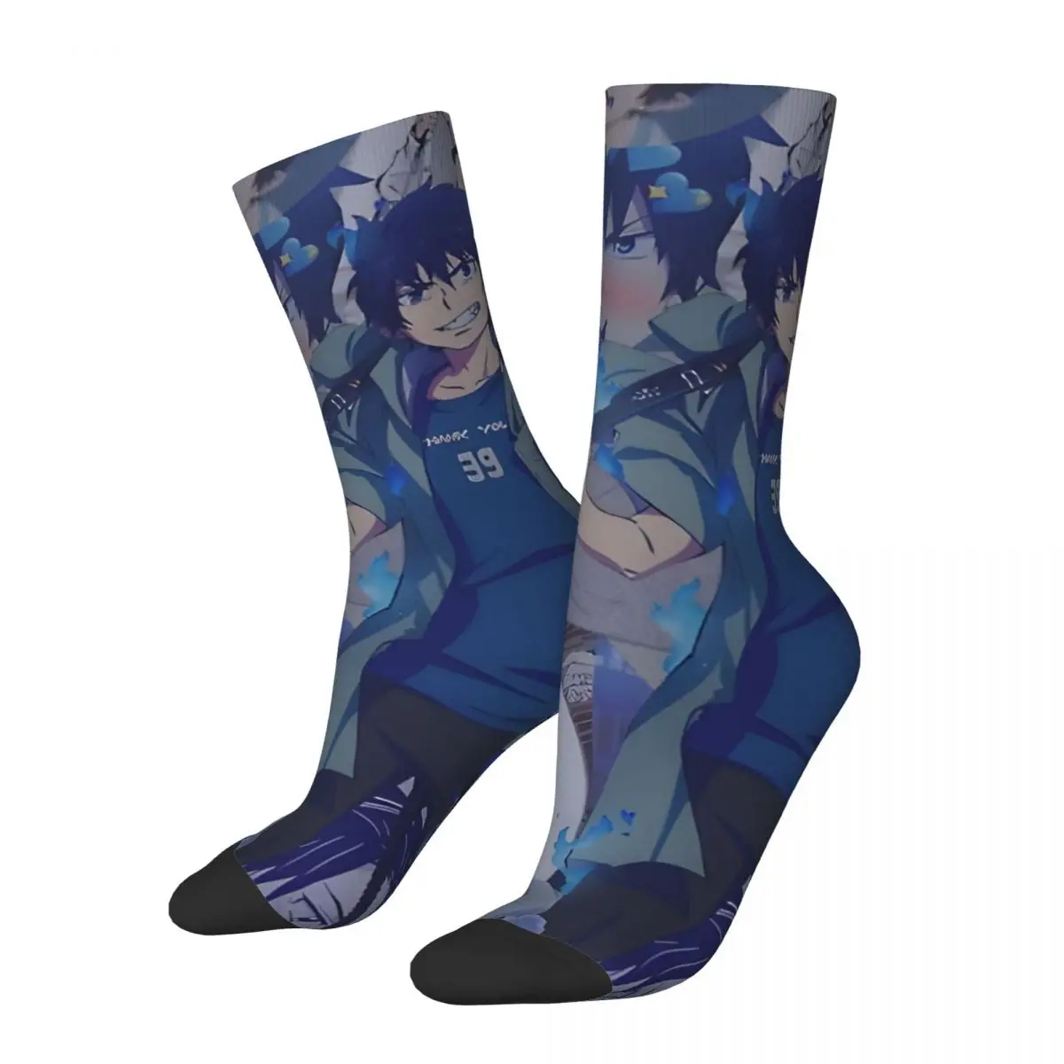 Grappige Gelukkige Heren Compressiesokken Rin Okumura Vintage Harajuku Blauwe Exorcist Anime Streetstyle Nieuwigheid Casual Crew Gekke Sok
