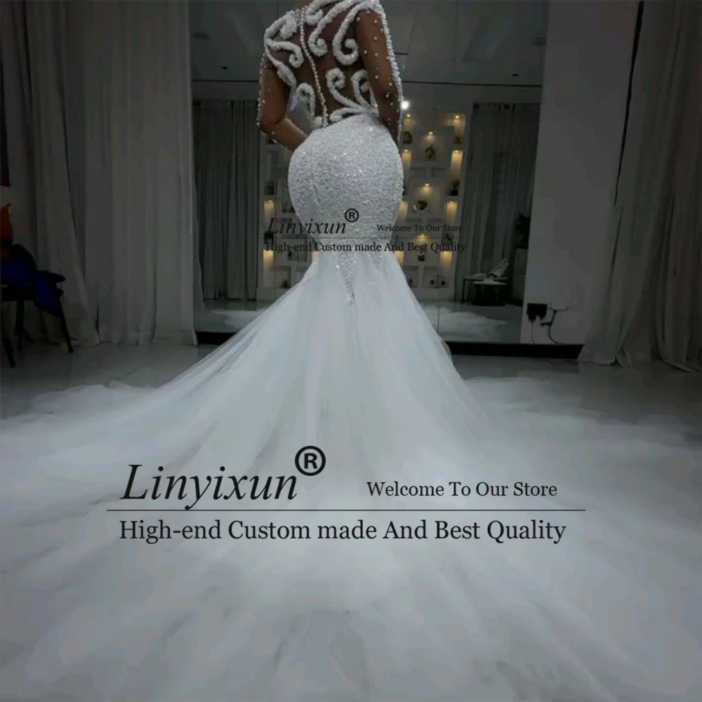Abiti da sposa romantici con perle 2025 Abiti da sposa a sirena in tulle Maniche lunghe Abito da sposa Donna Personalizzato hochzeitkleider damen