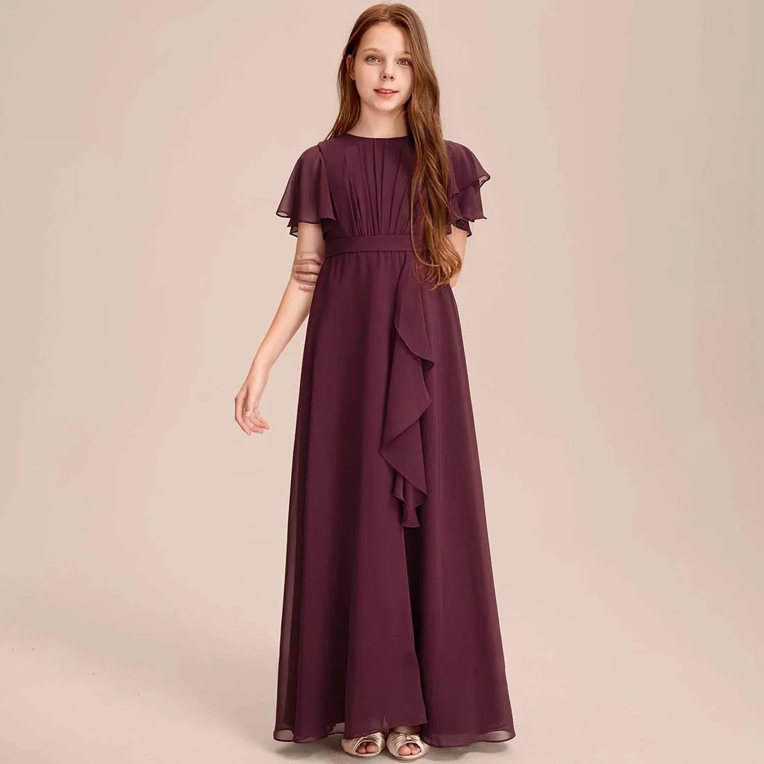 YZYmanualroom Chiffon Junior Bridesmaid Dress With Cascading Ruffles A-line Scoop Floor-Length 2-15T