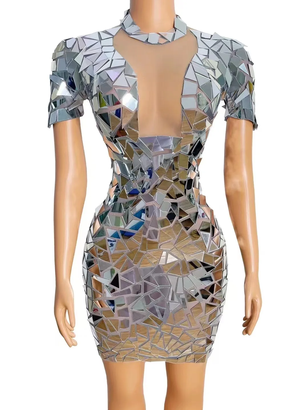 Women Fashion Short Sleeve Mesh Transparent Mirror Mesh Mini Dress Sexy Stage Performance Costume Birthday Party Nightclub Dress image 3