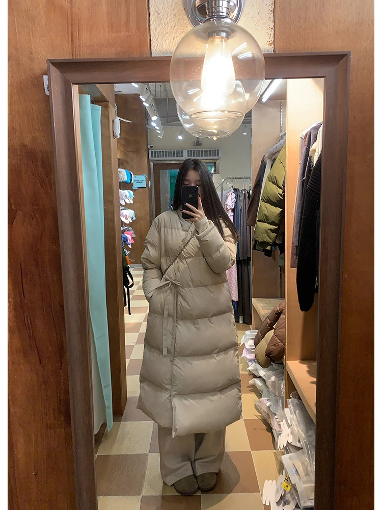 

YOKLASS Korean Sle Women's Thiened Cotton Jaet Winter Warm Long Coat Belted Mid-Length Outerwear V-Ne Polyester