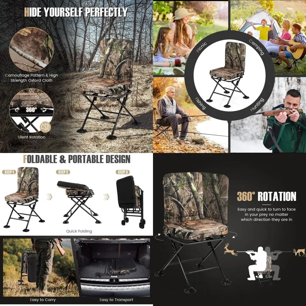 

Camouflage Swivel Folding Hunting Chair with Cushion, Adjustable Foot Pads for Outdoor Activities