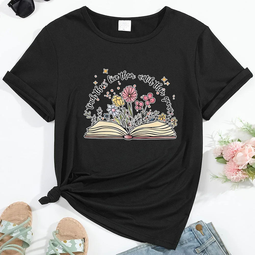 Camiseta con estampado de libro y flores para mujer, ropa de calle informal con cuello redondo, cómoda, transpirable, Top