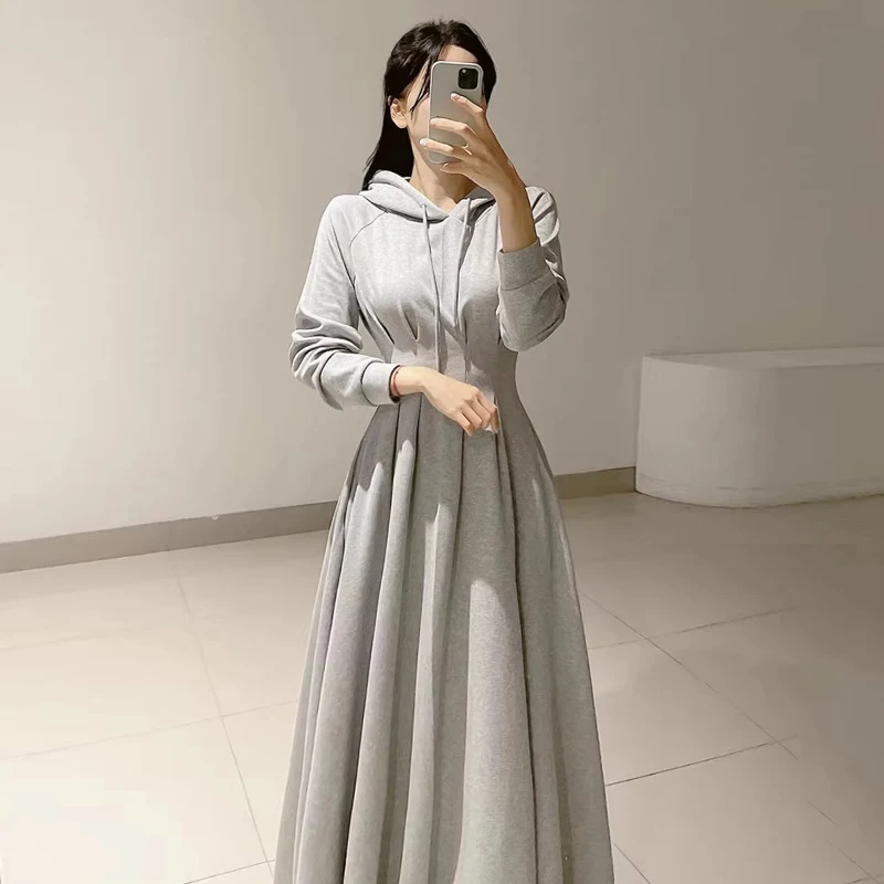 

Ele Autumn Long Sve Hooded Dr Women's Slimming Waist Design Sense Sweatirt Dr High Waist Commute Korean Sle