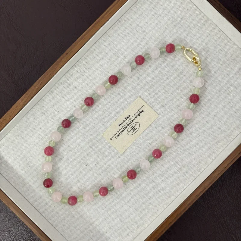 Vintage grape stone strawberry crystal powder crystal multi-treasure round bead necklace gentle contrasting color natural