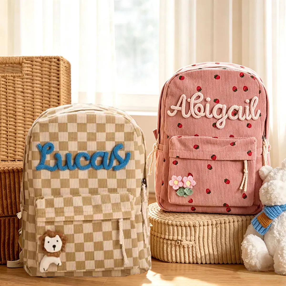 [Personalised Name] Personalised rucksack, strawberry/check print, lightweight and spacious travel rucksack, birthday present