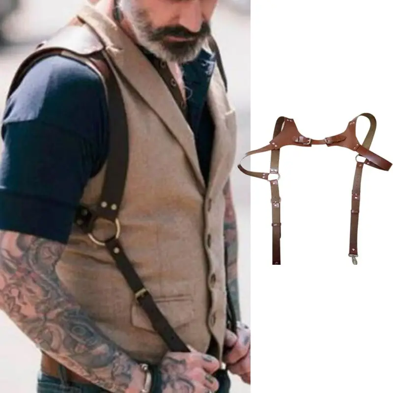 

Mens Punk Faux Leather Body Shoulder Harness Half Chest Cage Belt Bondage Lingerie Adjsutable Buckles O-Rings Clubwear