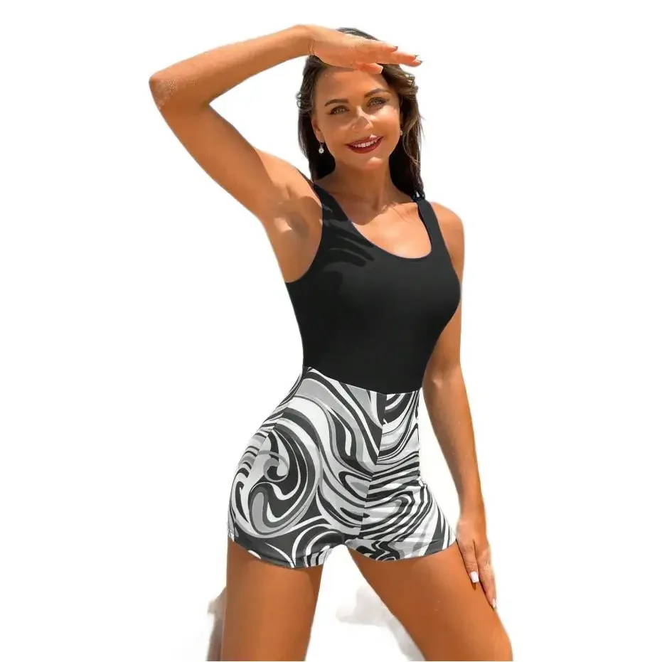 ฤดูร้อนเสื้อกั๊ก Romper Beachwear ชุดว่ายน้ําผู้หญิง One piece เอวสูงกางเกงมุมแบน Bareback กีฬาอนุรักษ์นิยมวันหยุด