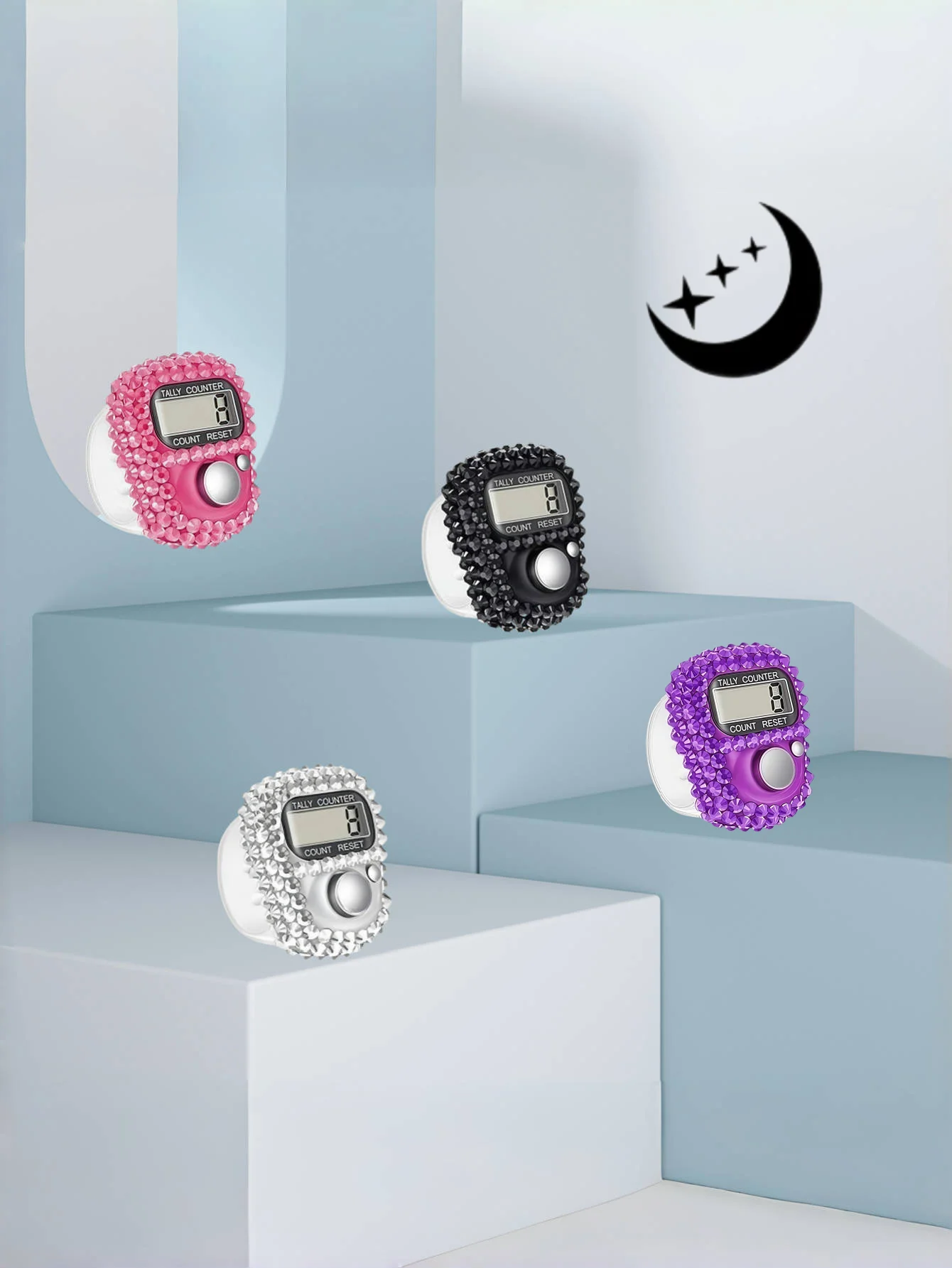 6 Colors Available Sparkling Rhinestone Finger Counter Portable Clicker Fitness/Prayer/Activity Counting Tool Tasbih Resettable