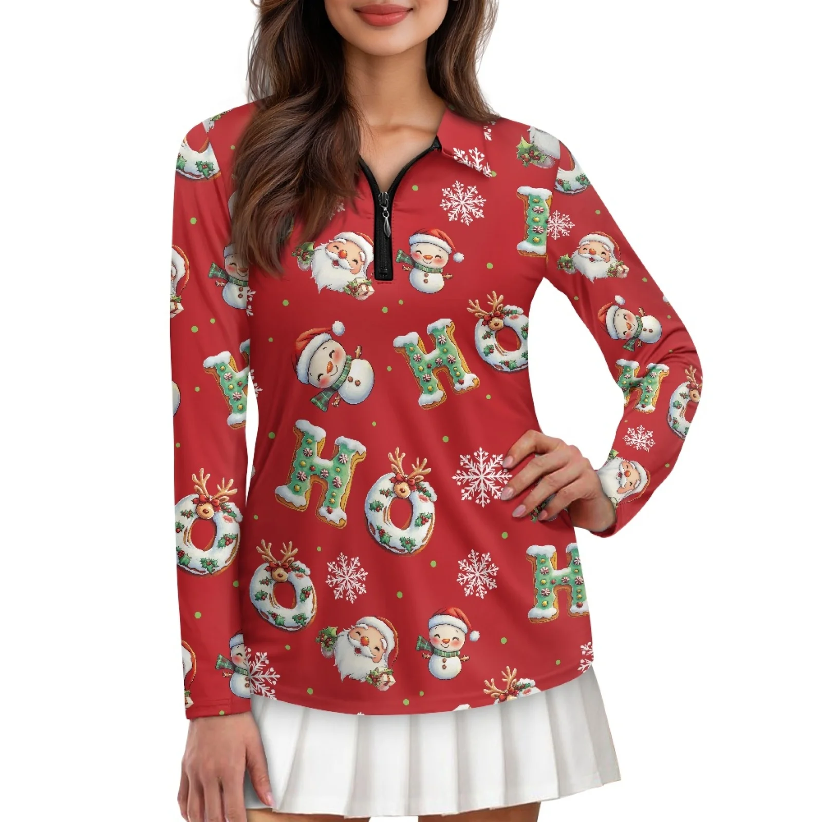 PENSTROLL Santa Print Womens Golf Shirts Pullover for Women Athletic Golf Hiking Shirts Tops for Badminton