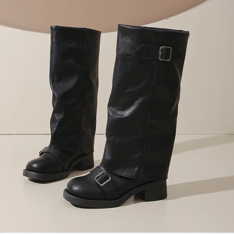 Vintage Starke Ferse Frauen Kniehohe Stiefel Mode Damen Gürtel Schnalle Ritter Lange Booties Botas De Inverno Feminina – Detail 21
