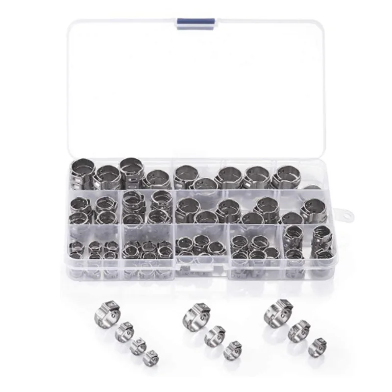 304 Stainless Steel Single Ear Hose Pipe Tubing Clips Clamp Cinch Rings Crimp Pinch Fitting Assortment Kit (130 Pcs)