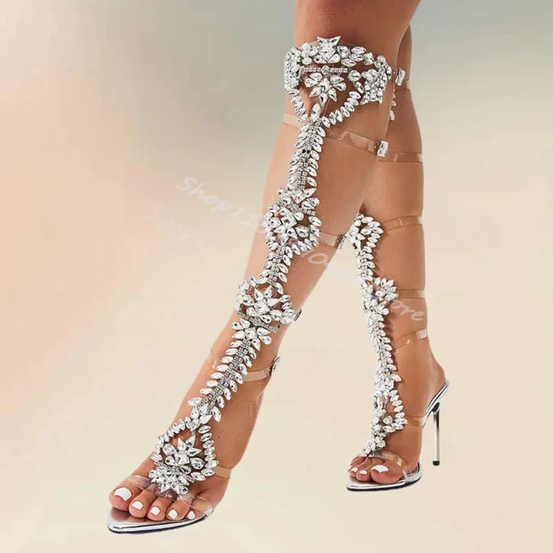 

Crystal Flower PVC Strappy Hollow Design Sandals Boots Buckle Strap Women Shoes Thin High Heels Party 2024 Zapatos Para Mujere