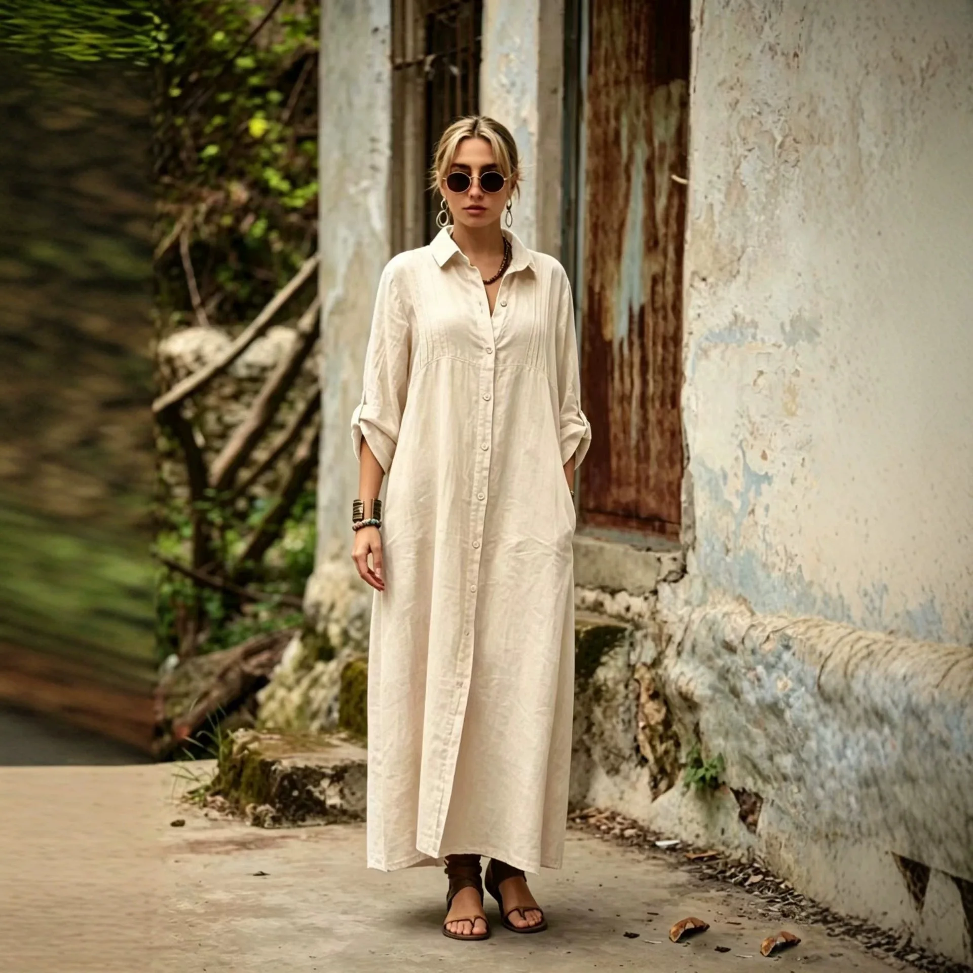 Women Cotton Linen Shirt Maxi Dress Button Down Loose Pintuck Long Sleeve Casual Boho Summer Vacation Dress