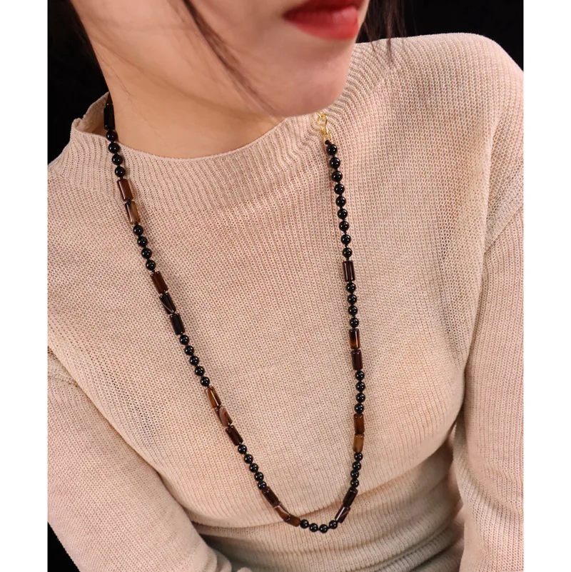 Russia Style Retro Natural Agate Beaded Necklace Long Sweater Chain Stacked Brown Beads Exquisite European and American