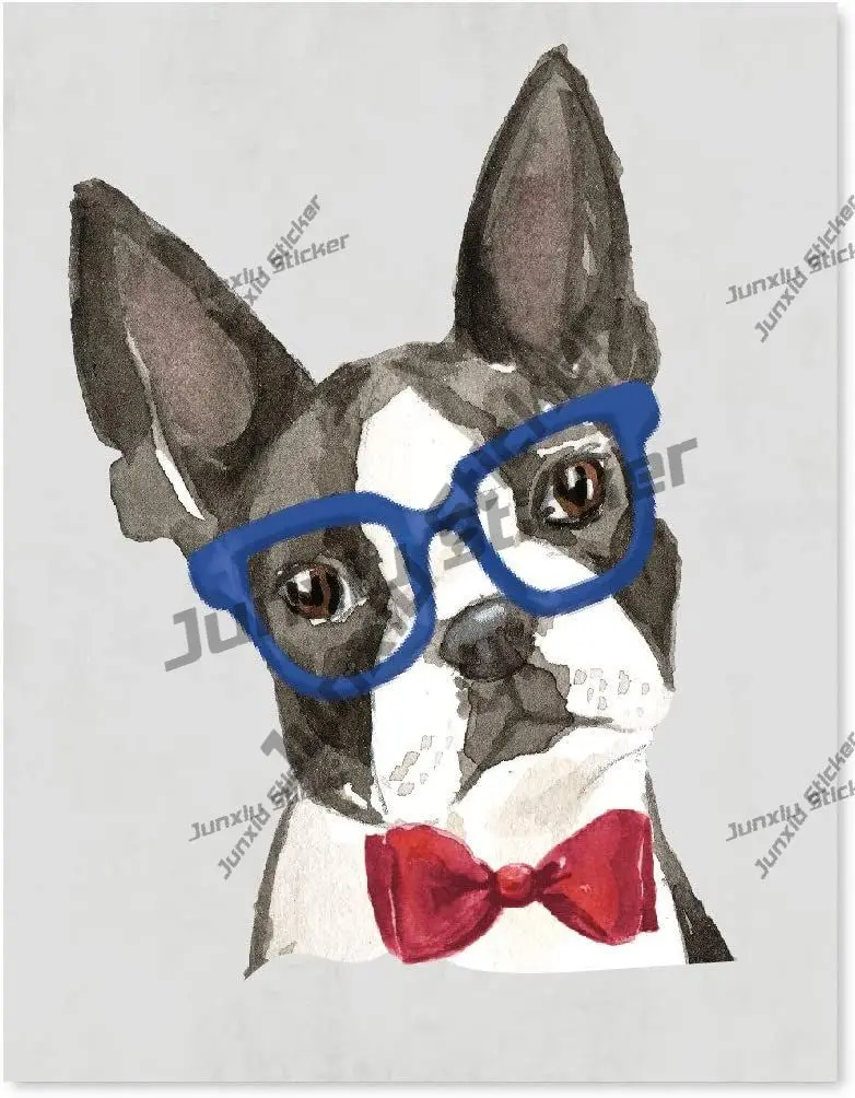 Andaz Press Dog Wall Art Print Poster Boston Terrier in Blue Glasses and Red Bow Christmas Birthday Gift Decals Novelty Auto