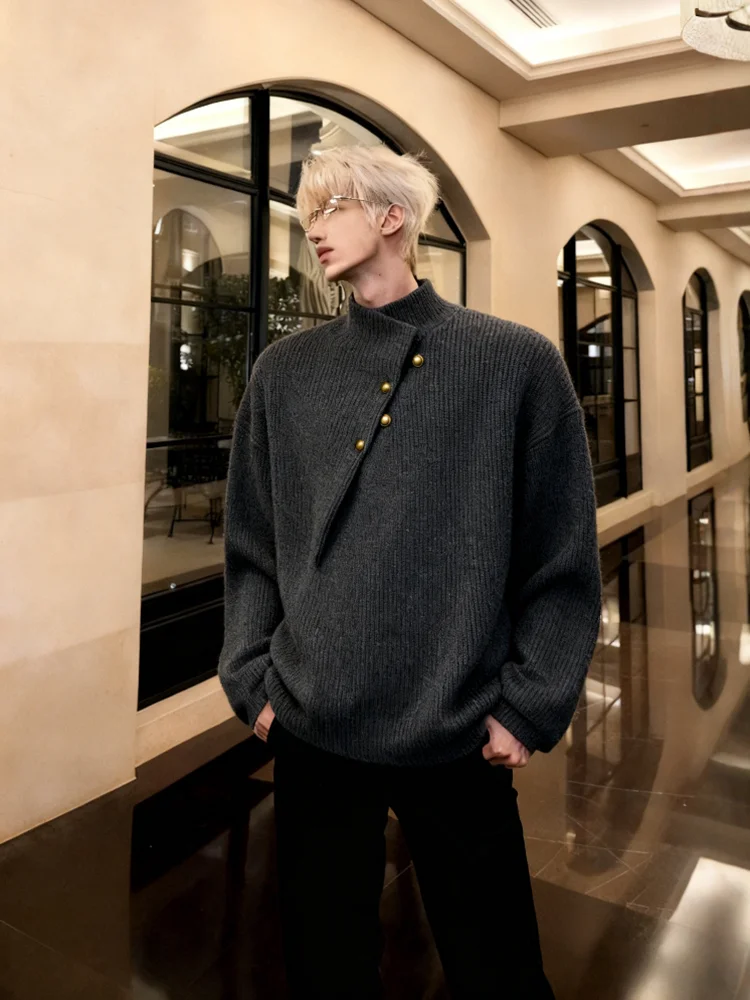 

Loose Fit Metal Bule High Collar Men's Knitwear Asymmetrical Design Winter Faion Casual Sle Polyester Fiber Long Sve
