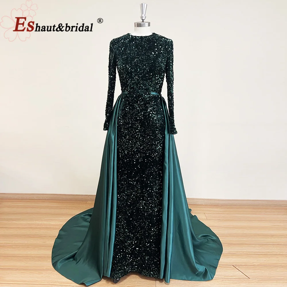 Elegant Mermaid Evening Dresses 2024 O-Neck Long Sleeves Sequin Velvet Prom Formal Party Gown with Detachable Train Customized