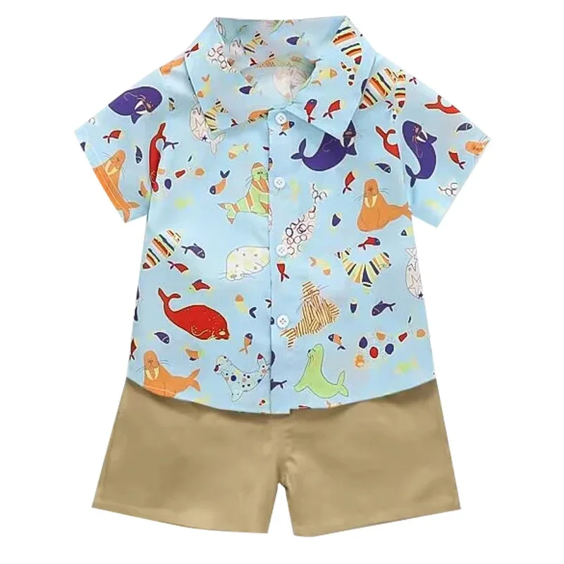 0-5-year-old baby summer short sleeved shorts set, beach style printed short sleeved shirt+casual pants two-piece set
