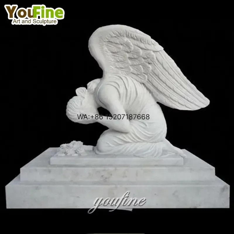 Wmwmnu for YouFine Natural White Marble Kneeling Weeping Angel Statue Life Size Cemetery Memorial Sculpture Garden Tombstone