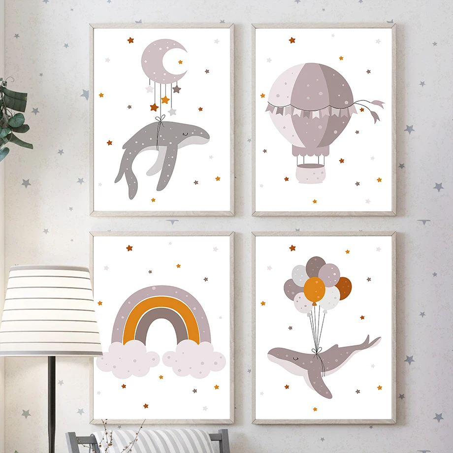 1pc frameless Canvas Painting Whale Moon Hot Air Balloon Rainbow Sleep Animal Poster Nursery Wall Art Print Canvas Painting Mode