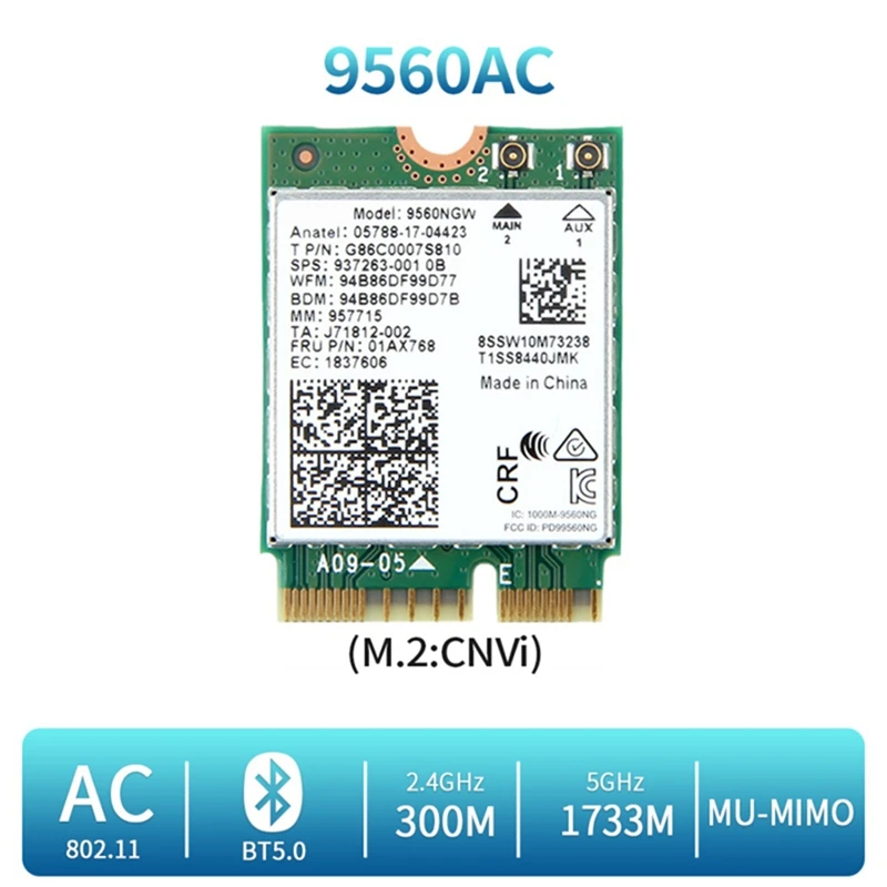 Cartão sem fio WiFi e adaptador de antena, Dual Band, 2.4G, 5G, BT 5.0, 802.11Ac, M.2 CNVI, 9560NGW, 1730Mbps, AC 9560NGW