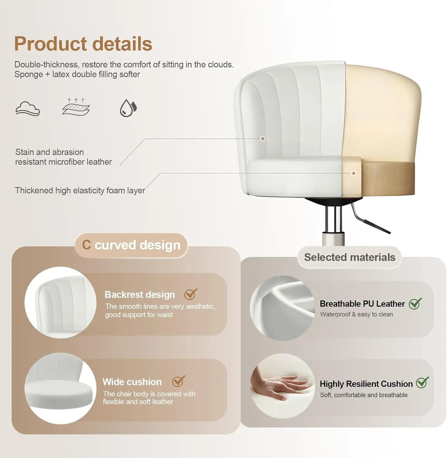 Small Desk Chair Round Rolling Chair with Back PU Leather Height Adjustable Swivel Vanity Work Computer Stool Chair for Home