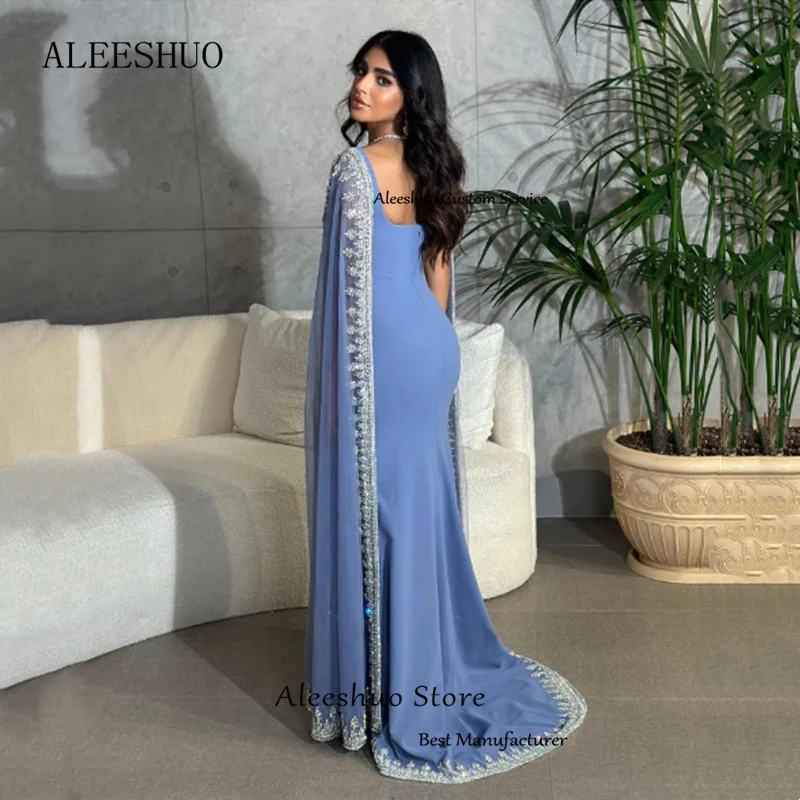 Aleeshuo Elegant Saudi Arabic Satin Tulle Evening Dress Strapless Cap Sleeves Backless Prom Gowns Appliques Beading Dress Party