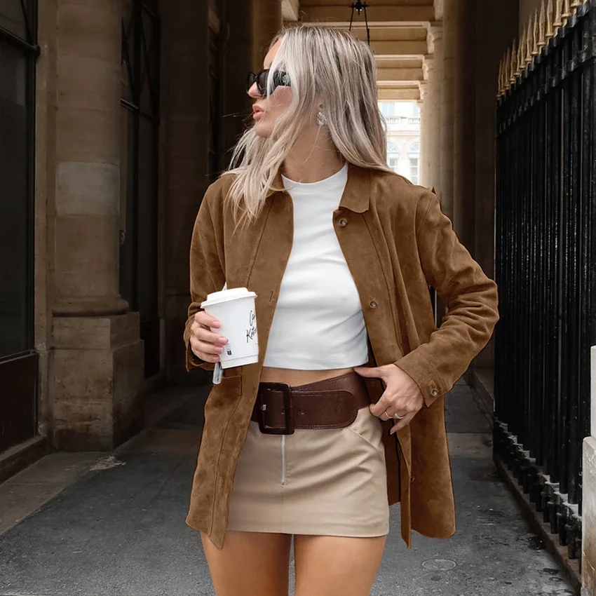 Faux Suede Loose Fit Button Down Shacket Polyester Women Jacket Coat Outerwear Patch Pockets Vintage Chic Casual Streetwear