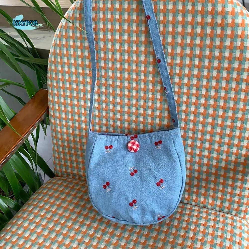 

Y2K Denim Canvas Bag Cute Large Capacity Embroidered Cherry Crossbody Bag Handbag Country Style Jeans Messenger Bag Streetwear