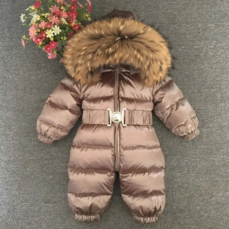 

Russian Winter Boys Girls 1-5Y Winter Overalls Baby Rompers Duck Down Jumpsuit Real Fur Collar Children Outerwear Kids Snowsuit
