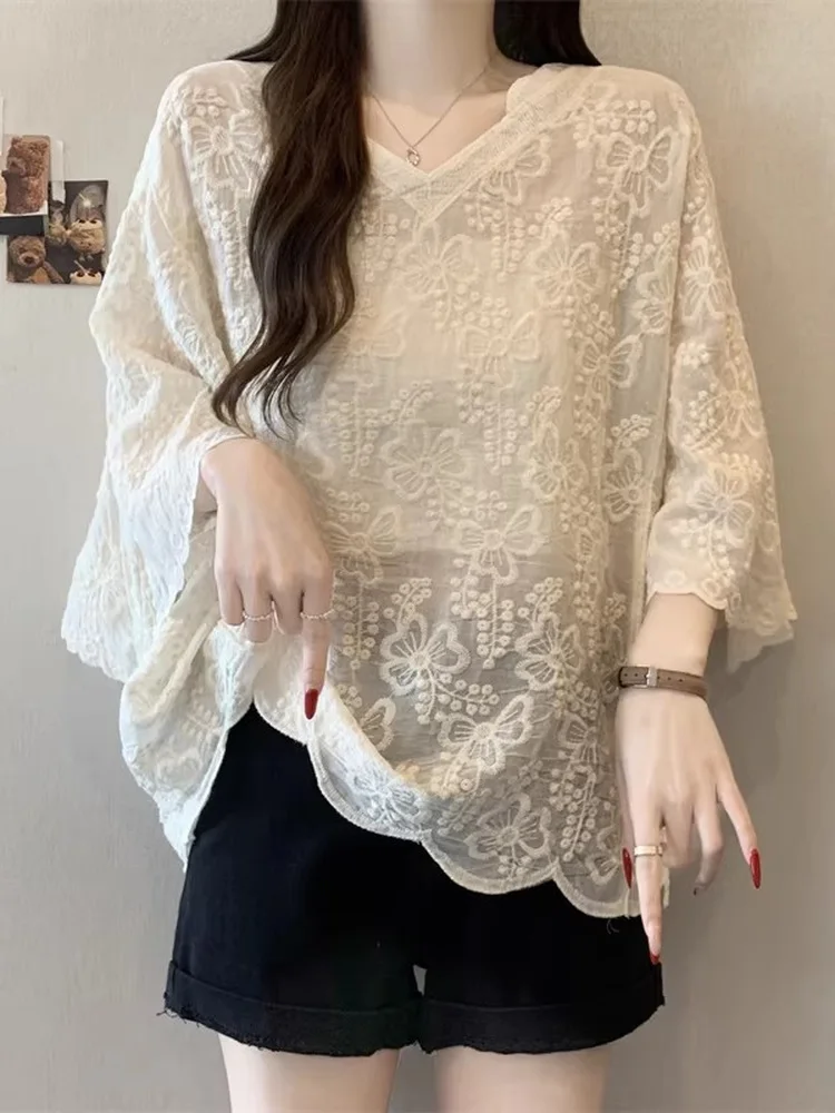 

V-Ne Knot Embroidered irt Women's Summer plus Size Outerwear Cover up Loose Fit Batwing Sve UV Protection