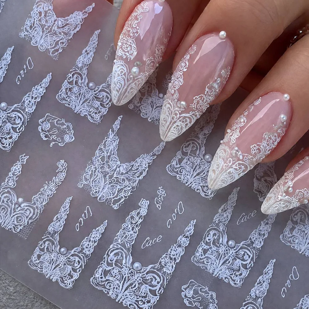 1 Stück 5D Gothic Elegante Spitzen-Nagelkunst-Aufkleber V-förmiges französisches Spitzen-Design Nagelsticker Selbstklebender Spitzen-Nagelslider 8*10cm #