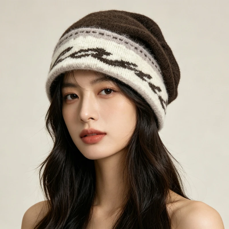 Winter Beanie Hat Camo Pattern Knitted Warm Cap Rolled Brim Fuzzy Plush Autumn Outdoor Skiing Casual Soft Skull Hat Unisex