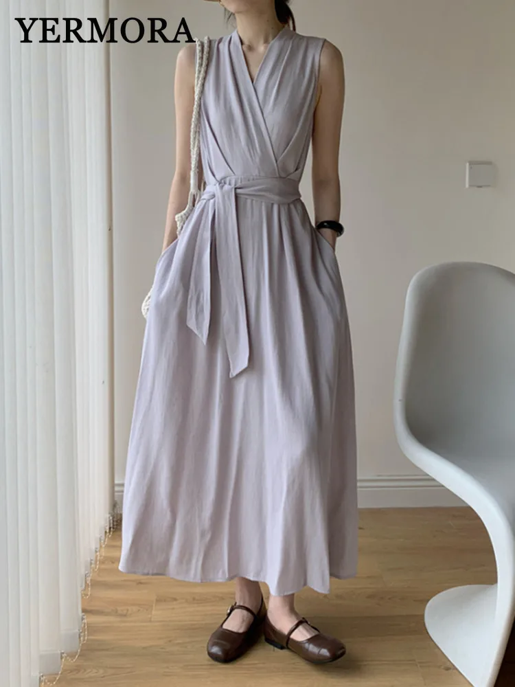 

YERMORA Women Purple Pleated Bandage Brief Elegant Vest Dress V-neck Loose New Sundress Fashion Tide Spring Summer 2025