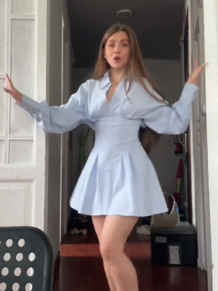 

Slim Fit Long Sleeve Shirt Dress with Back Drawstring Fashion V Neck Waist tight Mini Dress 2026 NEW Y2K Daily Vacation Vestidos