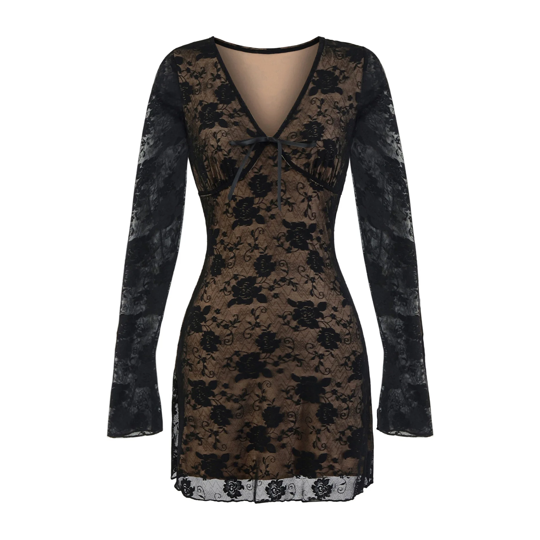 Herbst Neue frauen Amerikanischen Mode Stil Würzig Tiefem V-ausschnitt Spitze A-linie Lange Ärmeln Kleid Sexy Mesh Jacquard, Figurbetontes Kleid FJT8