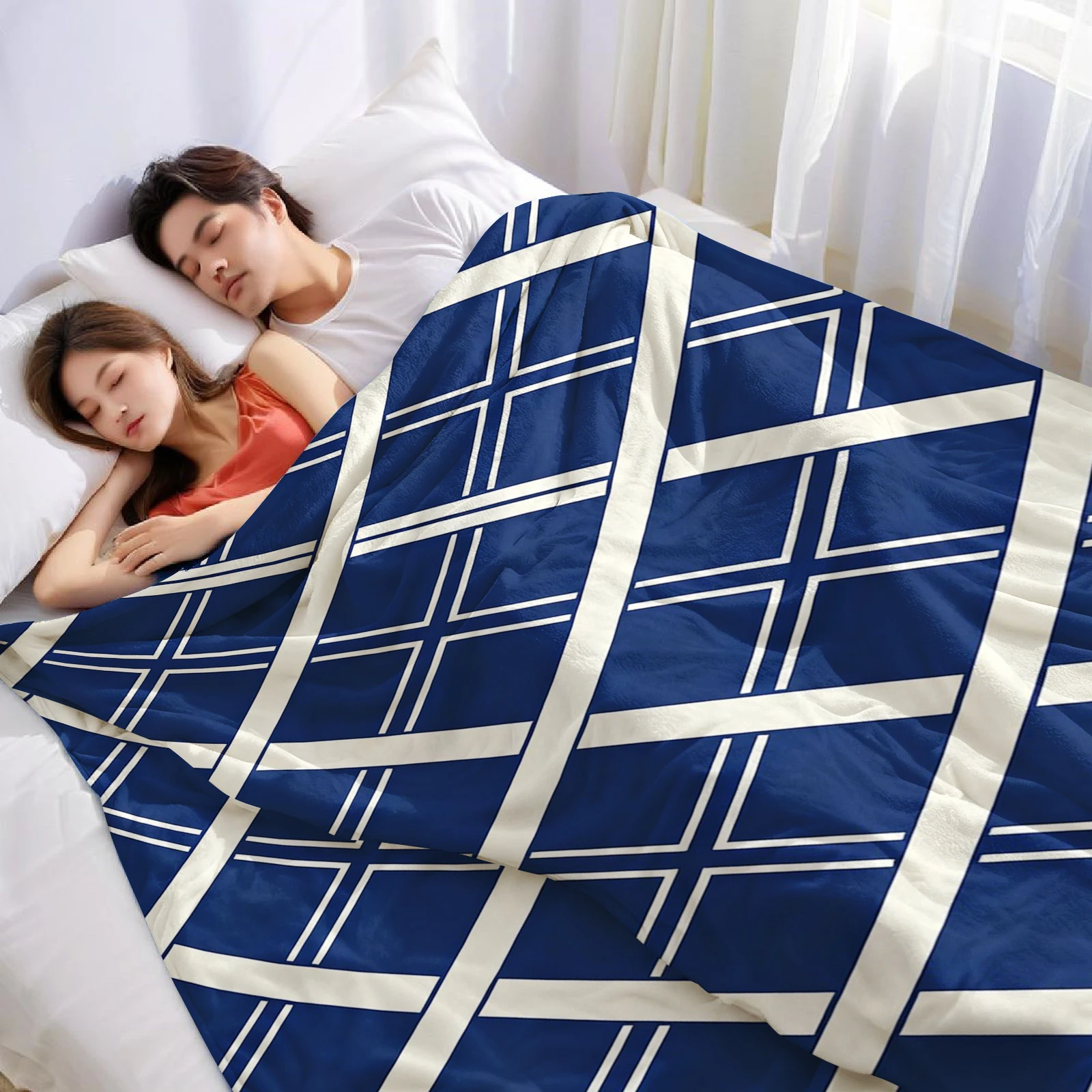 Navy Cross Grid Ultra Soft Sherpa Fleece Blanket Fluffy Warm Thick Throw for Sofa Bedroom Couch Holiday Home Decor Gift