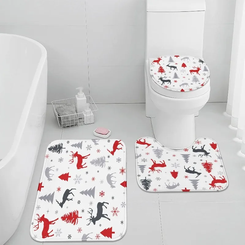 Christmas Decorative Floor Mat, Bathroom Three-piece Absorbent Quick-drying Non-slip Floor Mat Floor and Accessories